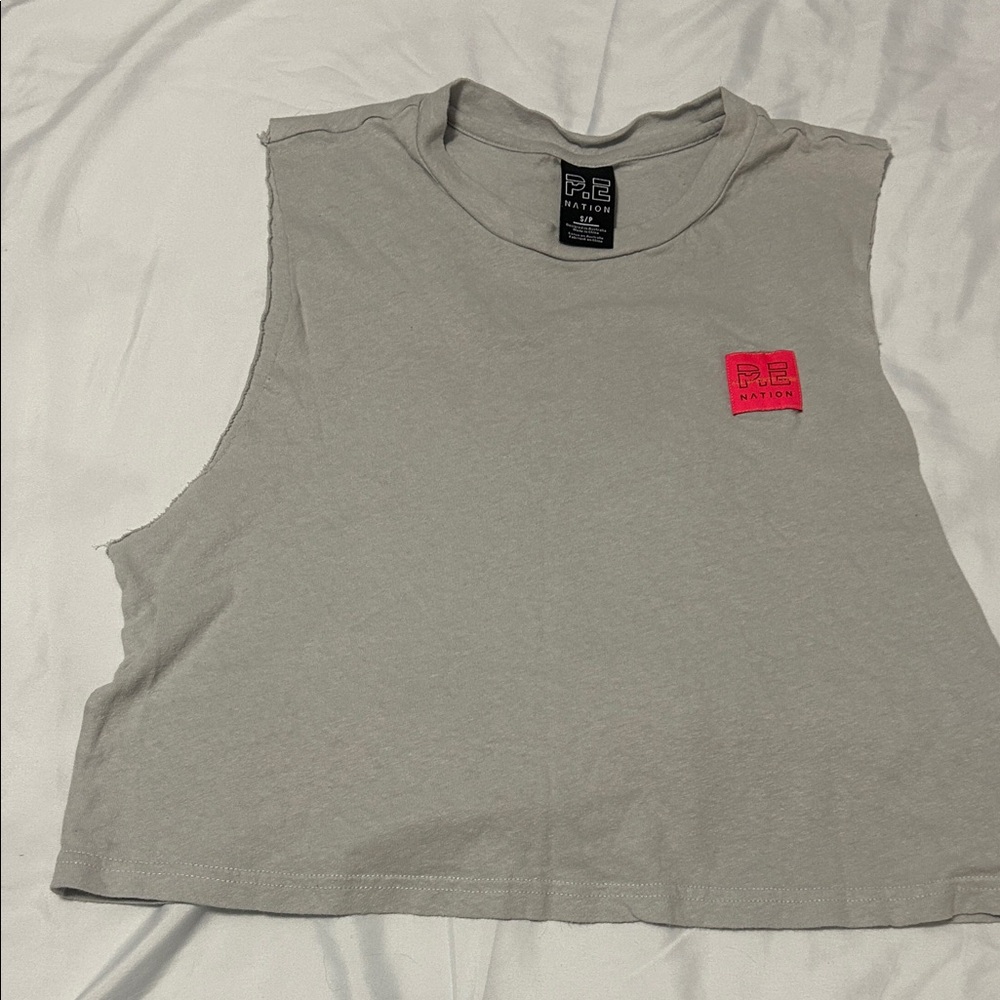 P.E Nation Light Gray Crop Top with Pink Logo